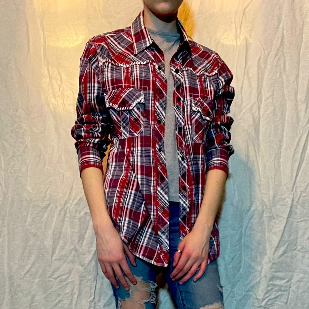 Plaid button up top.